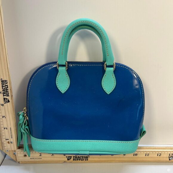 Dooney Bourke Women's Blue Patent Leather Satchel Purse Aqua Trim Small Handbag - Picture 3 of 3